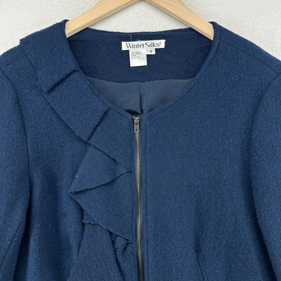 WinterSilks Jackets & Blazers - WINTERSILKS Blazer Womens S Wool Silk Ruffle Full Zip Jacket Office Work Blue